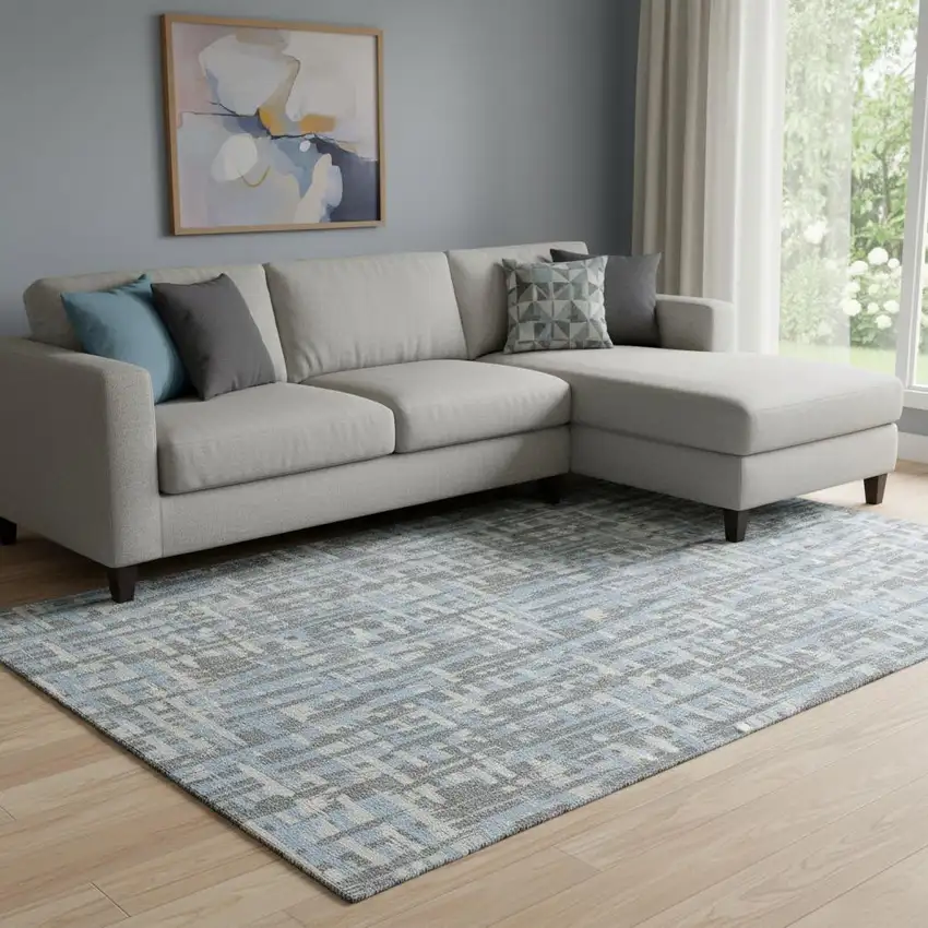 Silver Sky Blue And Ivory Abstract Geometric Washable Area Rug With UV Protection Photo 2