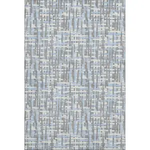 Photo of Silver Sky Blue And Ivory Abstract Geometric Washable Area Rug With UV Protection