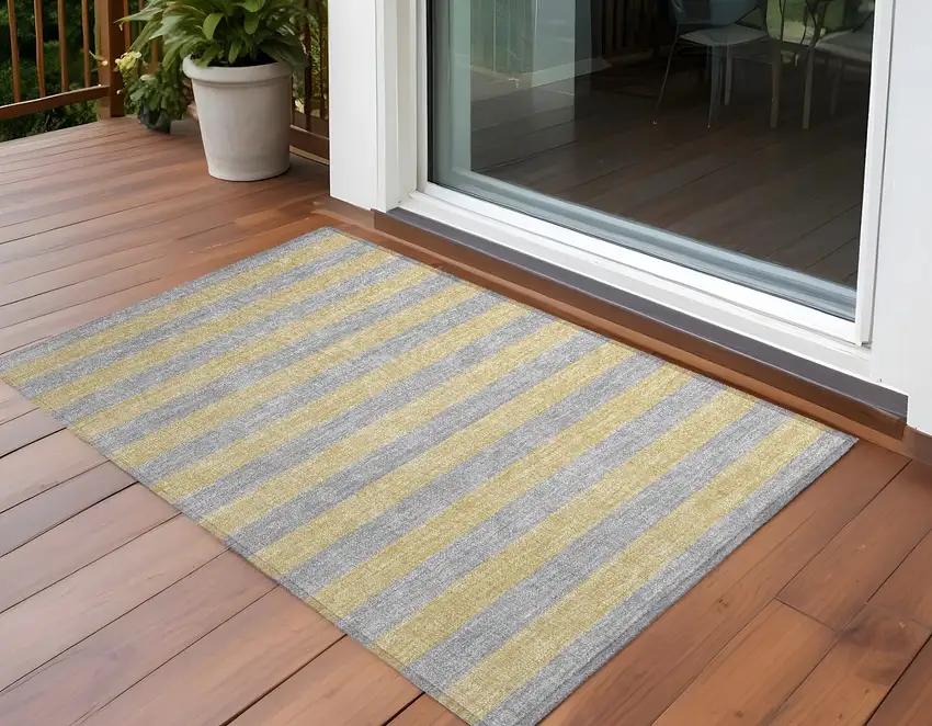 Silver Striped Washable Non Skid Indoor Outdoor Area Rug Photo 1