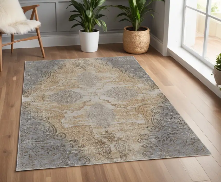 Tan and Gray Floral Power Loom Non Skid Area Rug Photo 1