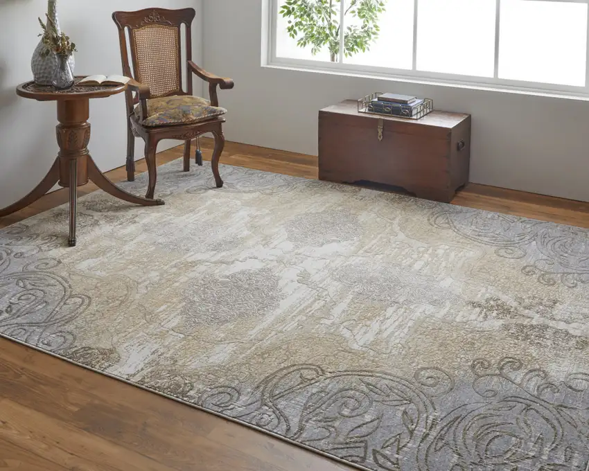Silver Tan And Gray Floral Power Loom Area Rug Photo 7