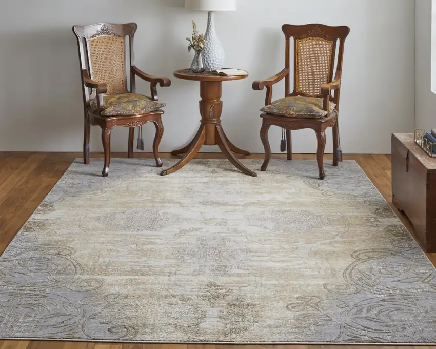 Silver Tan And Gray Floral Power Loom Area Rug Photo 6