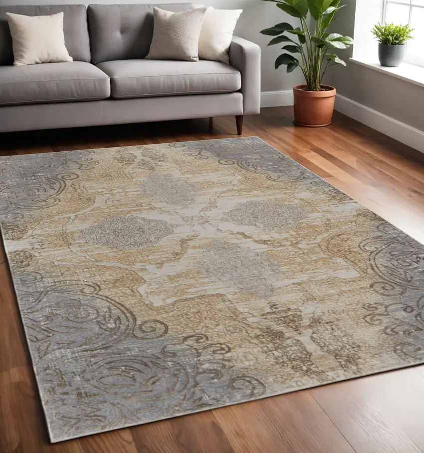 Tan and Gray Floral Power Loom Non Skid Area Rug Photo 1