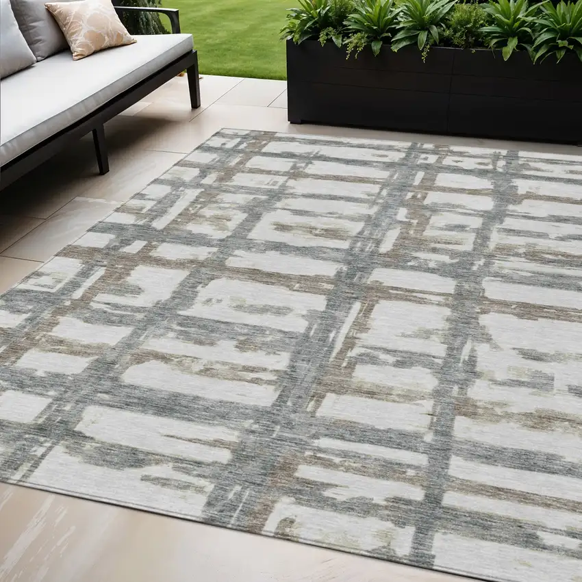 Silver Taupe And Gray Striped Washable Indoor Outdoor Area Rug Photo 1