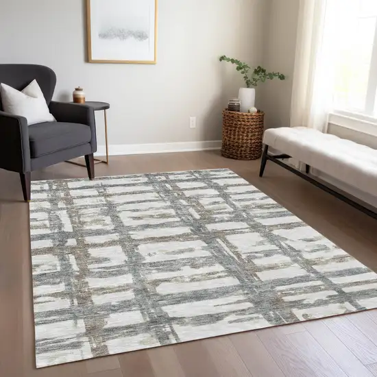 Silver Taupe And Gray Striped Washable Indoor Outdoor Area Rug Photo 8