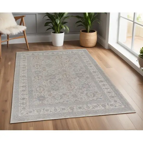 Silver Taupe and Blue Oriental Power Loom Worn Faded Area Rug With Fringe Photo 1