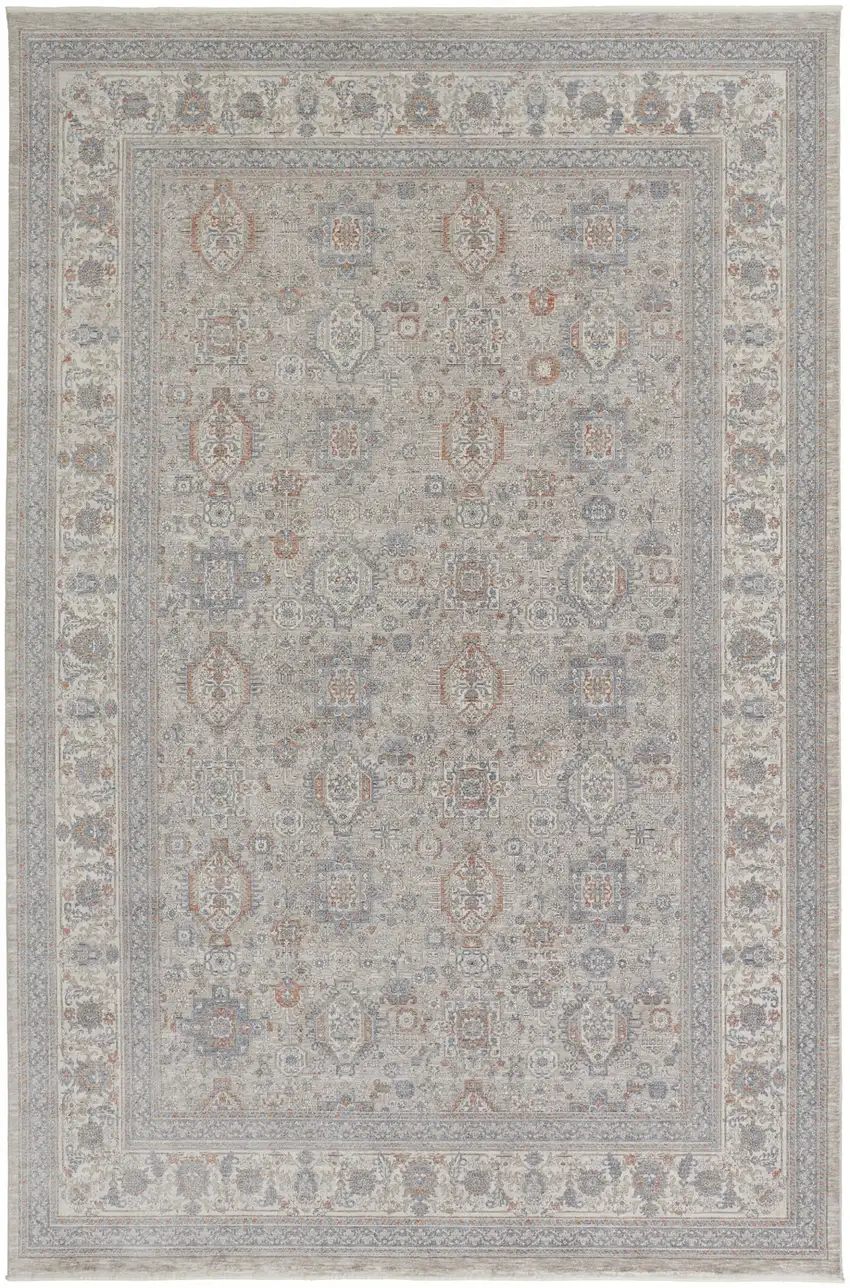 Silver Taupe and Blue Oriental Power Loom Worn Faded Area Rug With Fringe Photo 2
