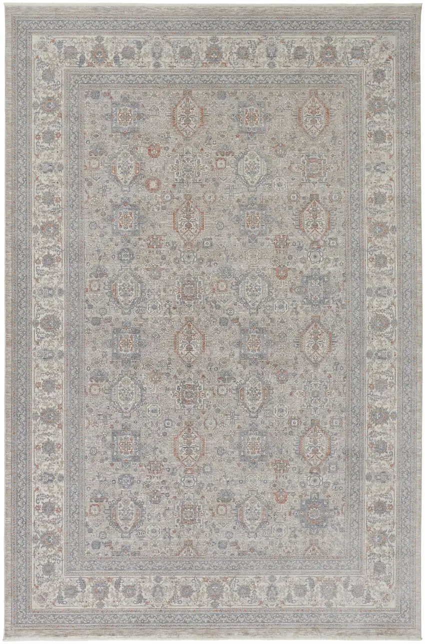 Silver Taupe and Blue Oriental Power Loom Worn Faded Area Rug With Fringe Photo 5