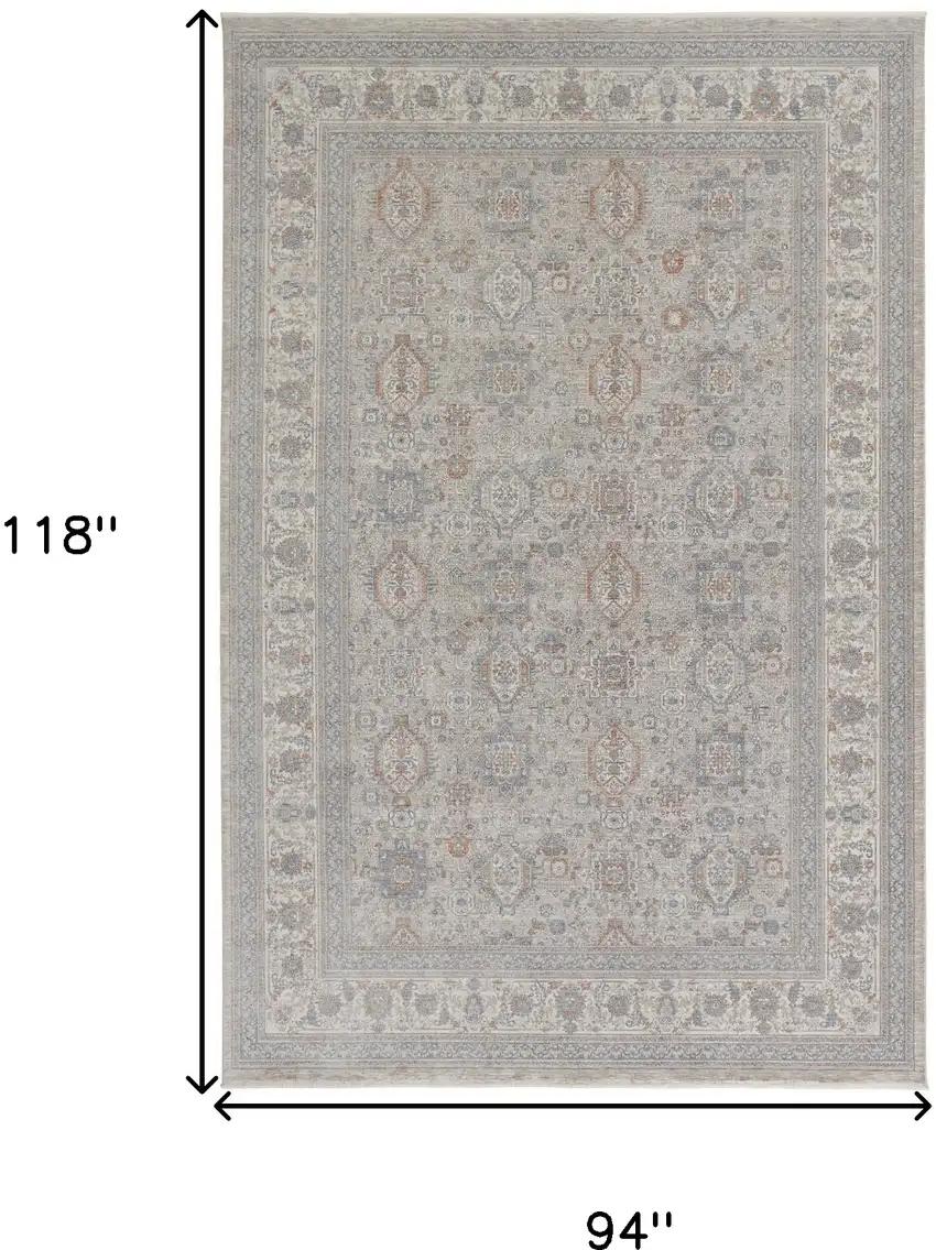 Silver Taupe and Blue Oriental Power Loom Worn Faded Area Rug With Fringe Photo 3