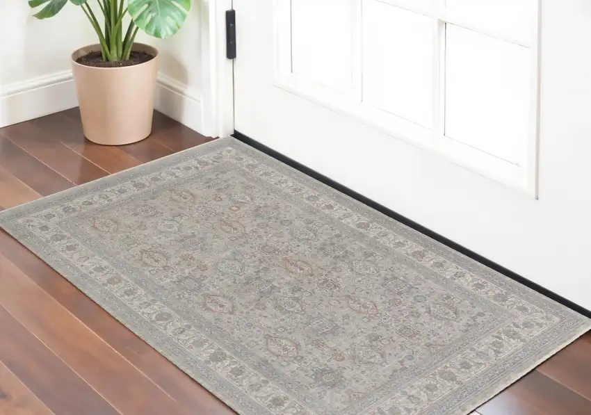 Silver Taupe and Blue Oriental Power Loom Worn Faded Area Rug With Fringe Photo 1