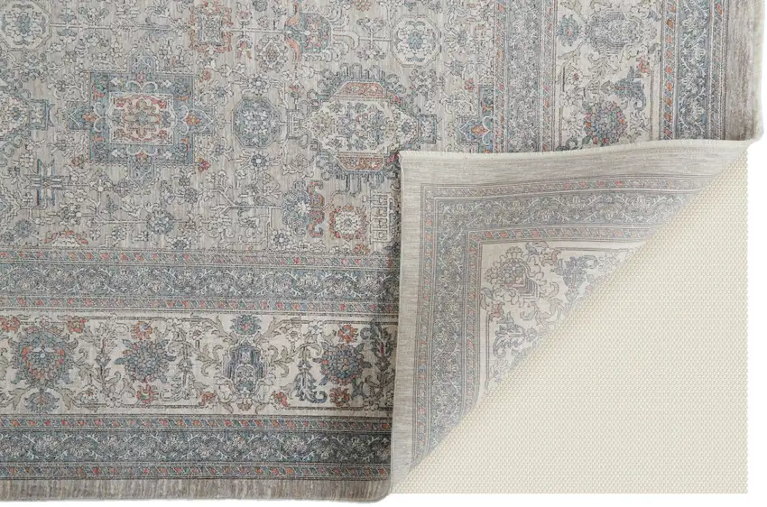 Silver Taupe and Blue Oriental Power Loom Worn Faded Area Rug With Fringe Photo 7