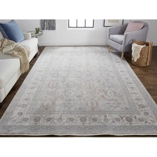 Silver Taupe and Blue Oriental Power Loom Worn Faded Area Rug With Fringe Photo 9