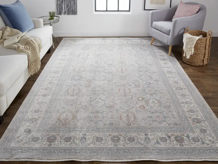 Silver Taupe and Blue Oriental Power Loom Worn Faded Area Rug With Fringe Photo 9