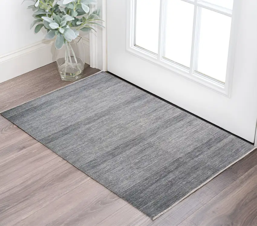 Silver Wool Striped Hand Knotted Area Rug Photo 1