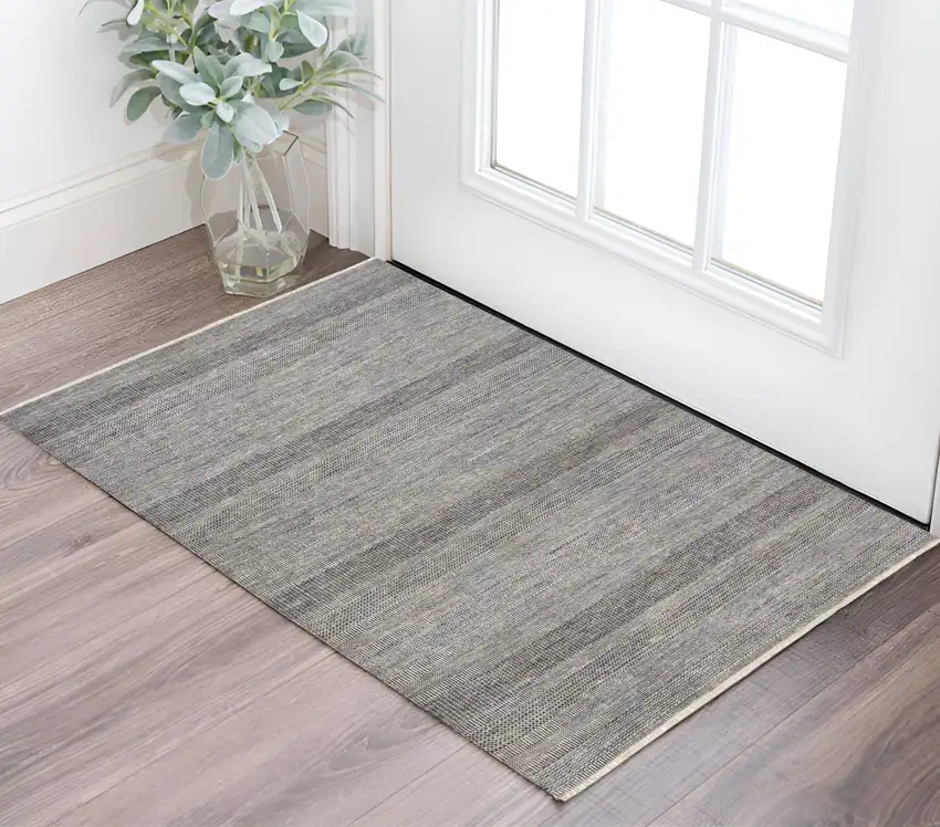 Silver Wool Striped Hand Knotted Area Rug Photo 1