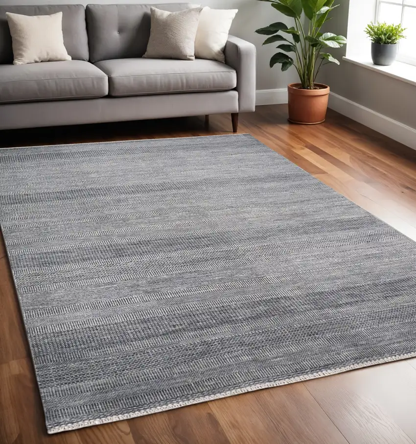Silver Wool Striped Hand Knotted Area Rug Photo 1