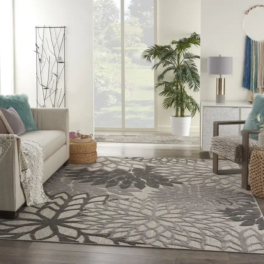 Gray Floral Indoor Outdoor Area Rug Photo 6