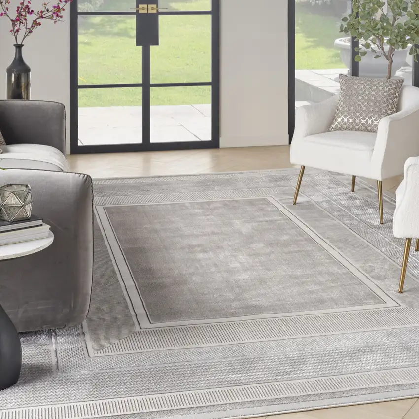 Silver and Ivory Geometric Non Skid Area Rug Photo 6