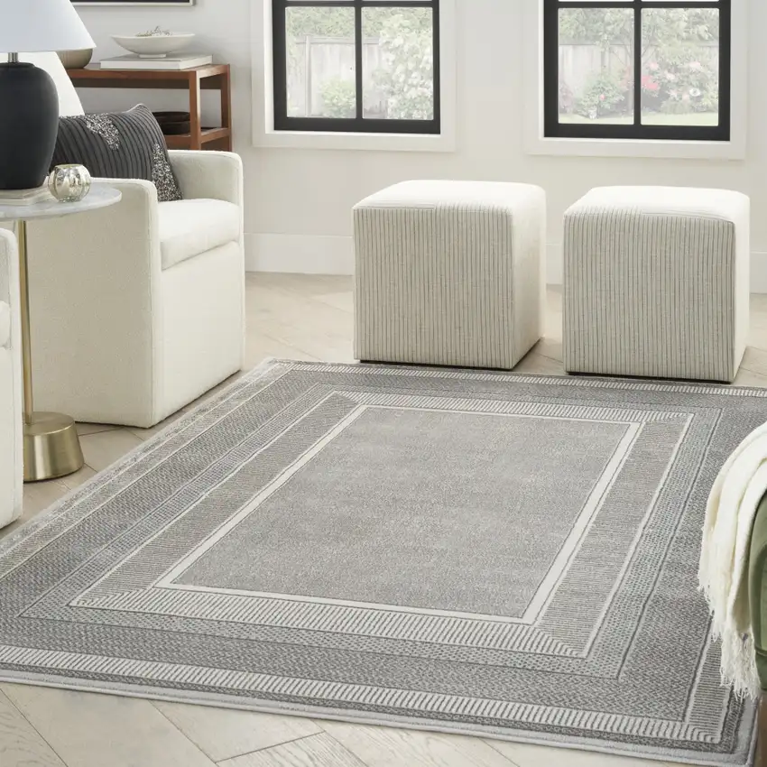 Silver and Ivory Geometric Non Skid Area Rug Photo 5