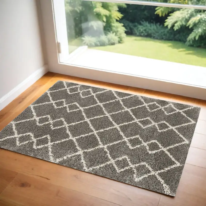 Silver and Ivory Geometric Shag Area Rug Photo 1