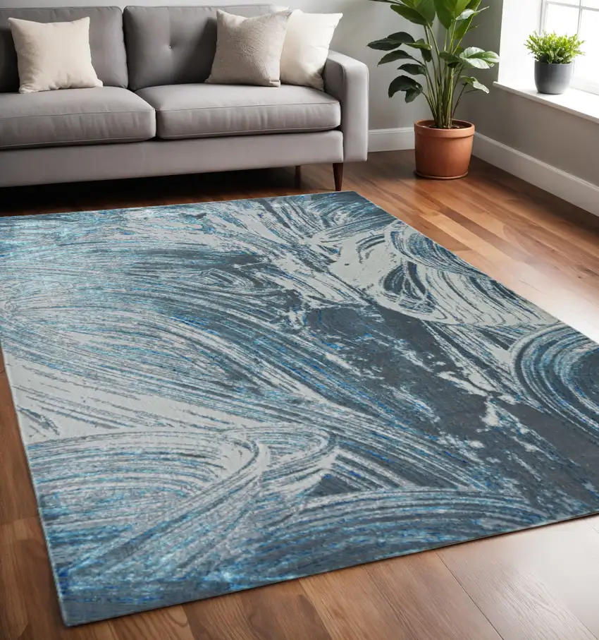 Silver And Blue Abstract Area Rug Photo 1