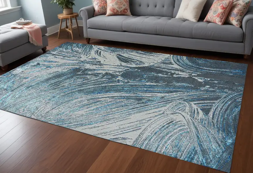 94 X 130 Silver Or  Blue Polypropylene Or Polyester Rug Photo 1