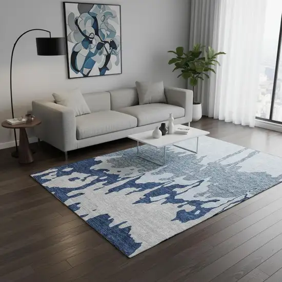 Sky Blue And Beige Abstract Washable Area Rug With UV Protection Photo 2
