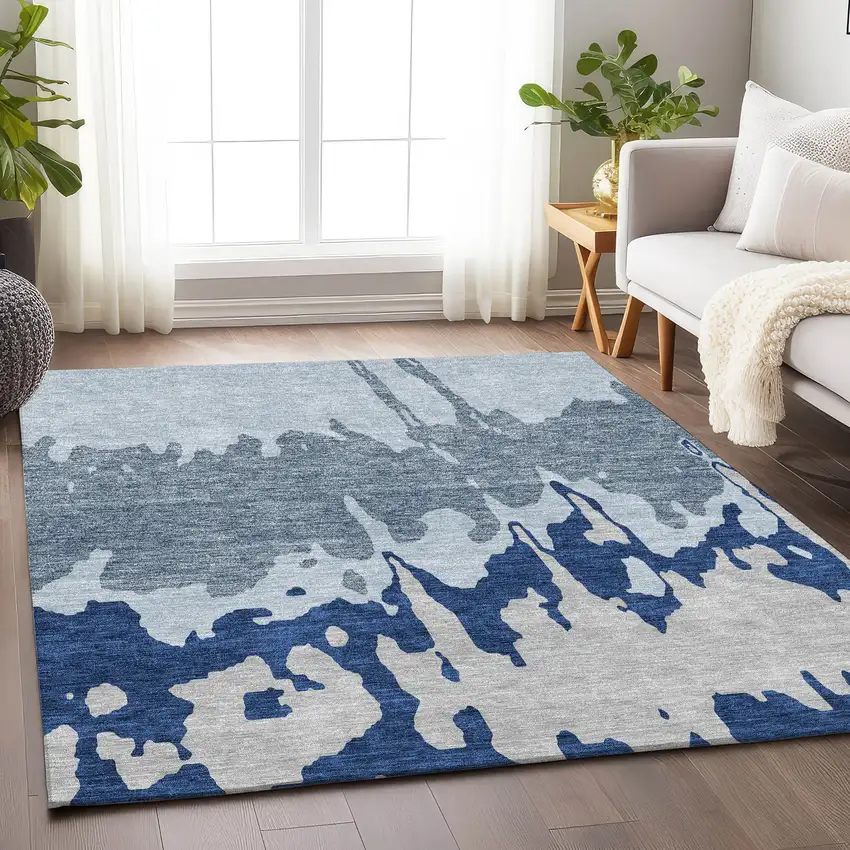 Sky Blue And Beige Abstract Washable Area Rug With UV Protection Photo 4