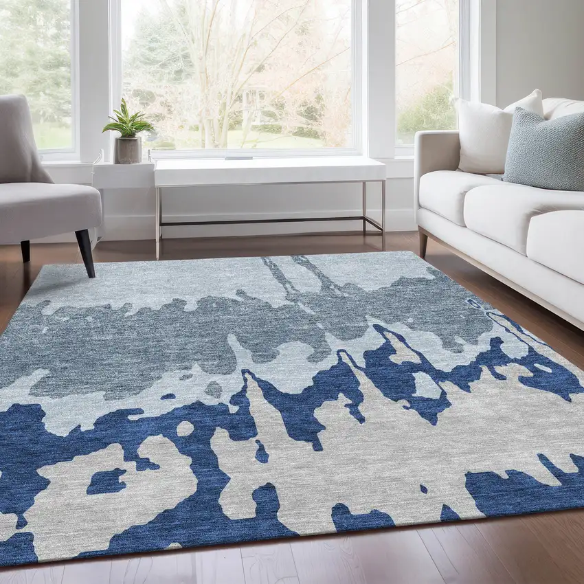 Sky Blue And Beige Abstract Washable Area Rug With UV Protection Photo 5
