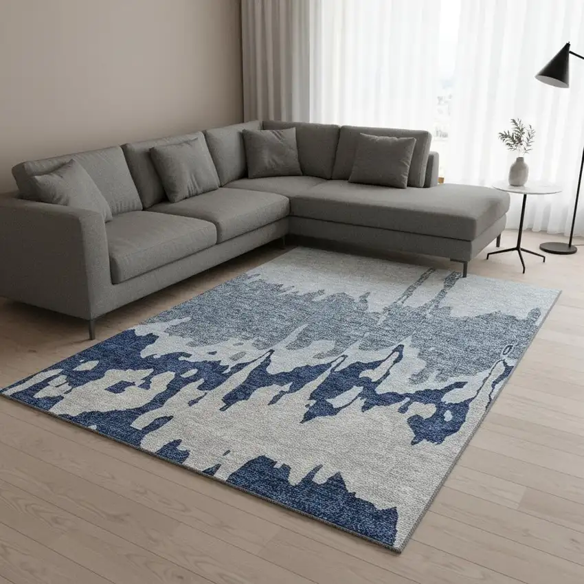 Sky Blue And Beige Abstract Washable Area Rug With UV Protection Photo 2
