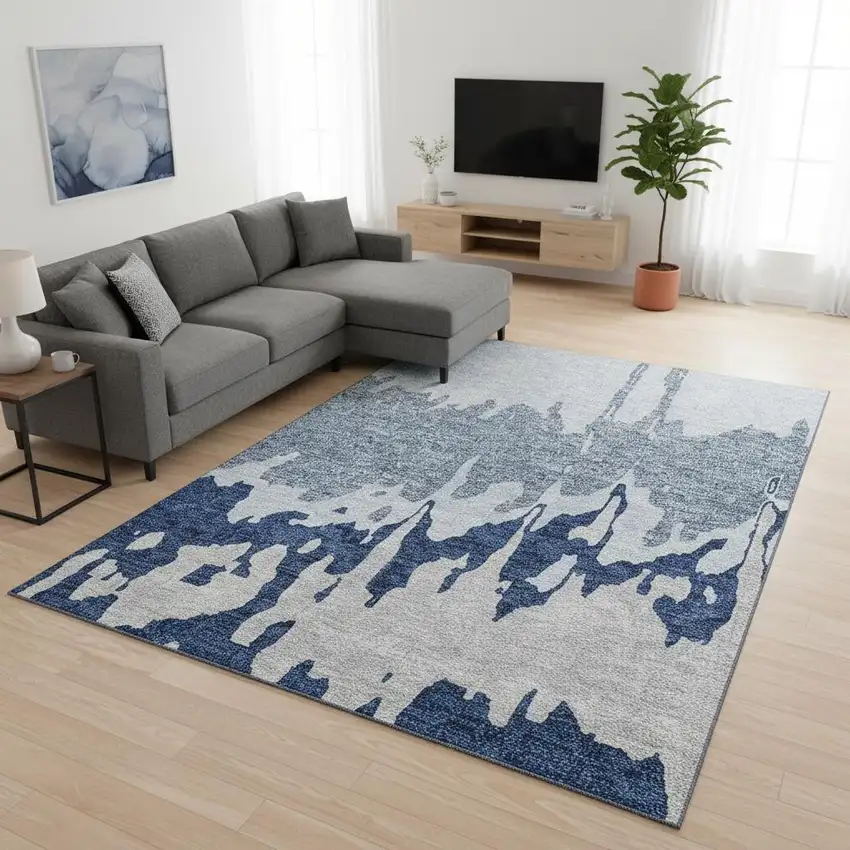 Sky Blue And Beige Abstract Washable Area Rug With UV Protection Photo 2