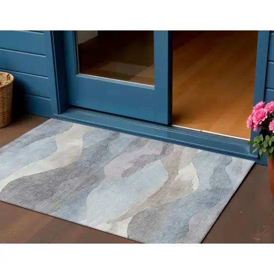 Sky Blue And Beige Abstract Washable Indoor Outdoor Area Rug Photo 2