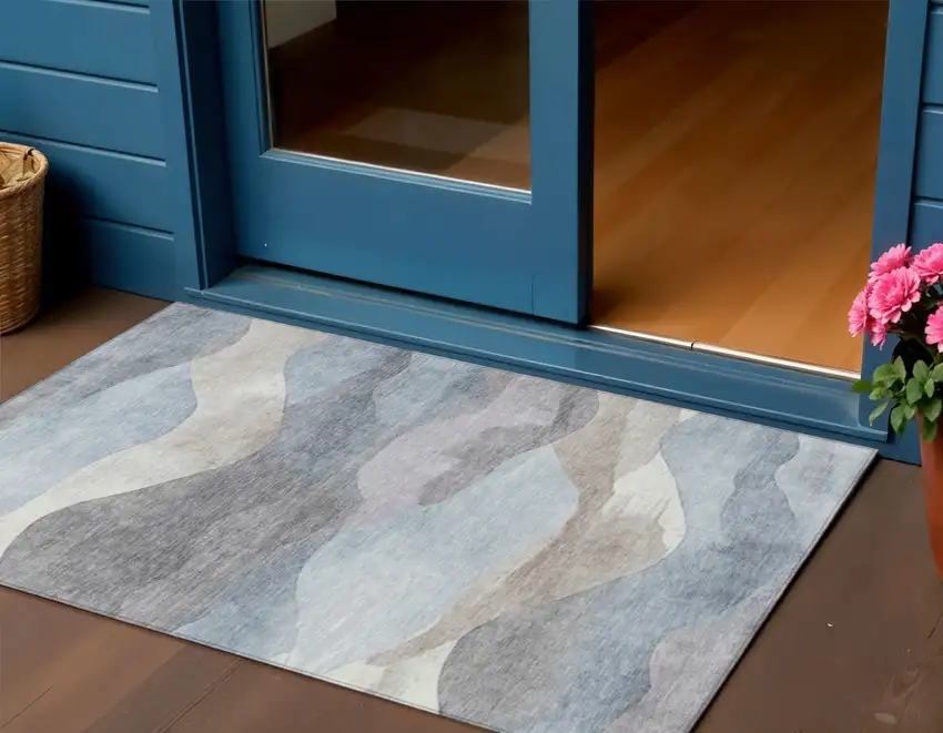 Sky Blue And Beige Abstract Washable Indoor Outdoor Area Rug Photo 2
