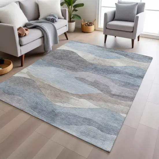 Sky Blue And Beige Abstract Washable Indoor Outdoor Area Rug Photo 7