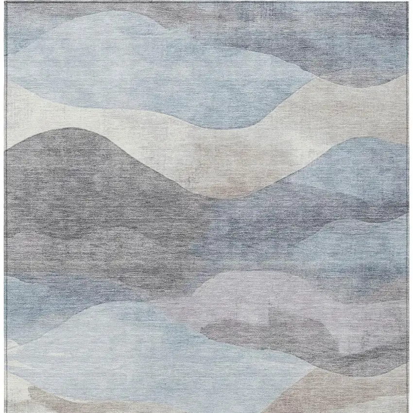 Sky Blue And Beige Abstract Washable Indoor Outdoor Area Rug Photo 4