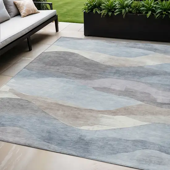 Sky Blue And Beige Abstract Washable Indoor Outdoor Area Rug Photo 2