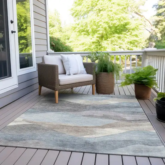 Sky Blue And Beige Abstract Washable Indoor Outdoor Area Rug Photo 9