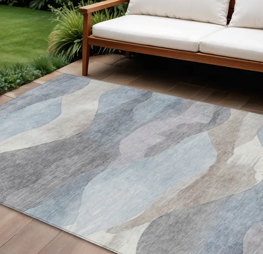 Sky Blue And Beige Abstract Washable Indoor Outdoor Area Rug Photo 2