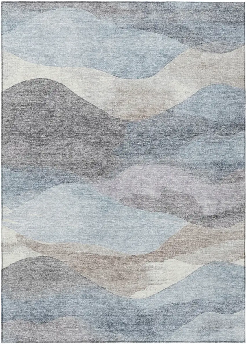 Sky Blue And Beige Abstract Washable Indoor Outdoor Area Rug Photo 9