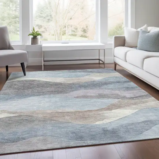 Sky Blue And Beige Abstract Washable Indoor Outdoor Area Rug Photo 7