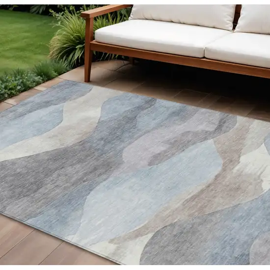 Sky Blue And Beige Abstract Washable Indoor Outdoor Area Rug Photo 2