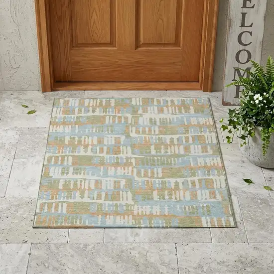 Sky Blue And Beige Abstract Washable Indoor Outdoor Area Rug Photo 1