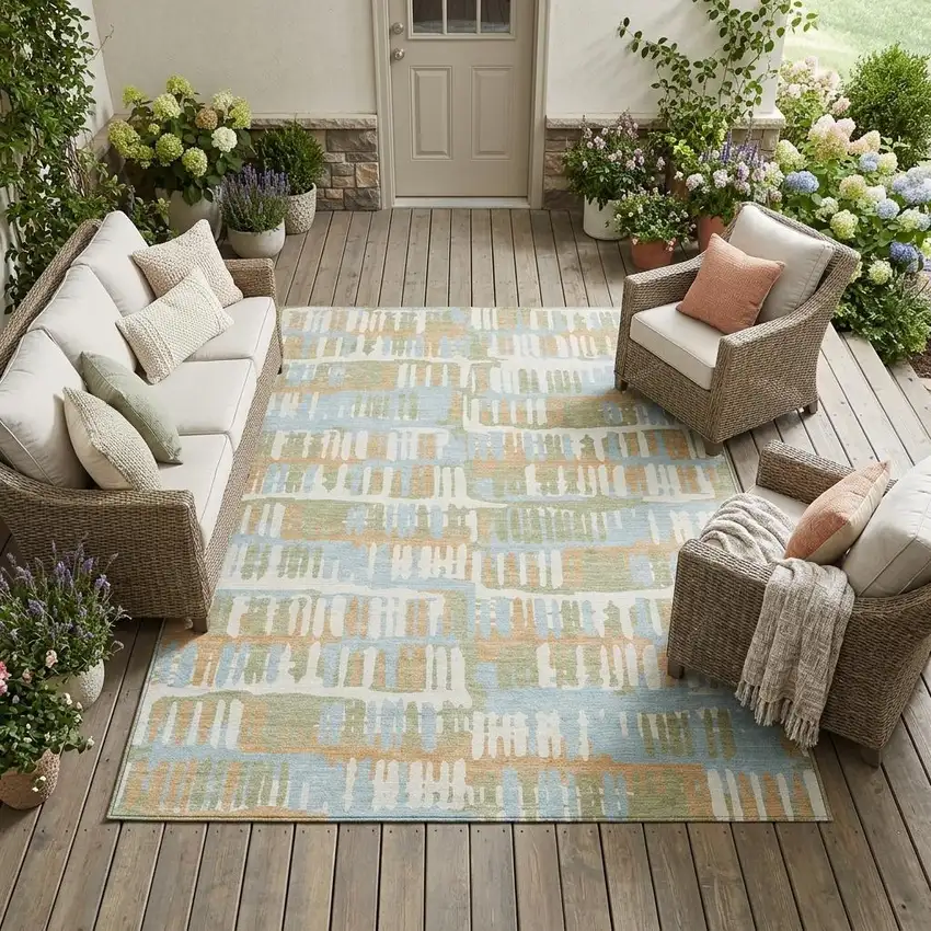 Sky Blue And Beige Abstract Washable Indoor Outdoor Area Rug Photo 1