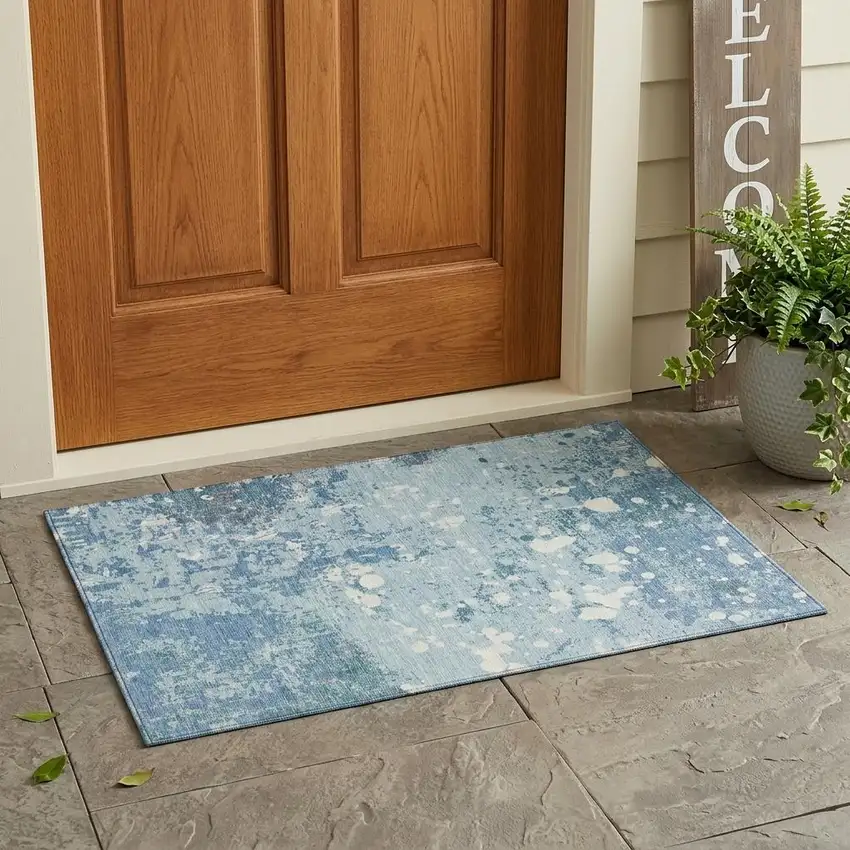 Sky Blue And Beige Abstract Washable Indoor Outdoor Area Rug Photo 1