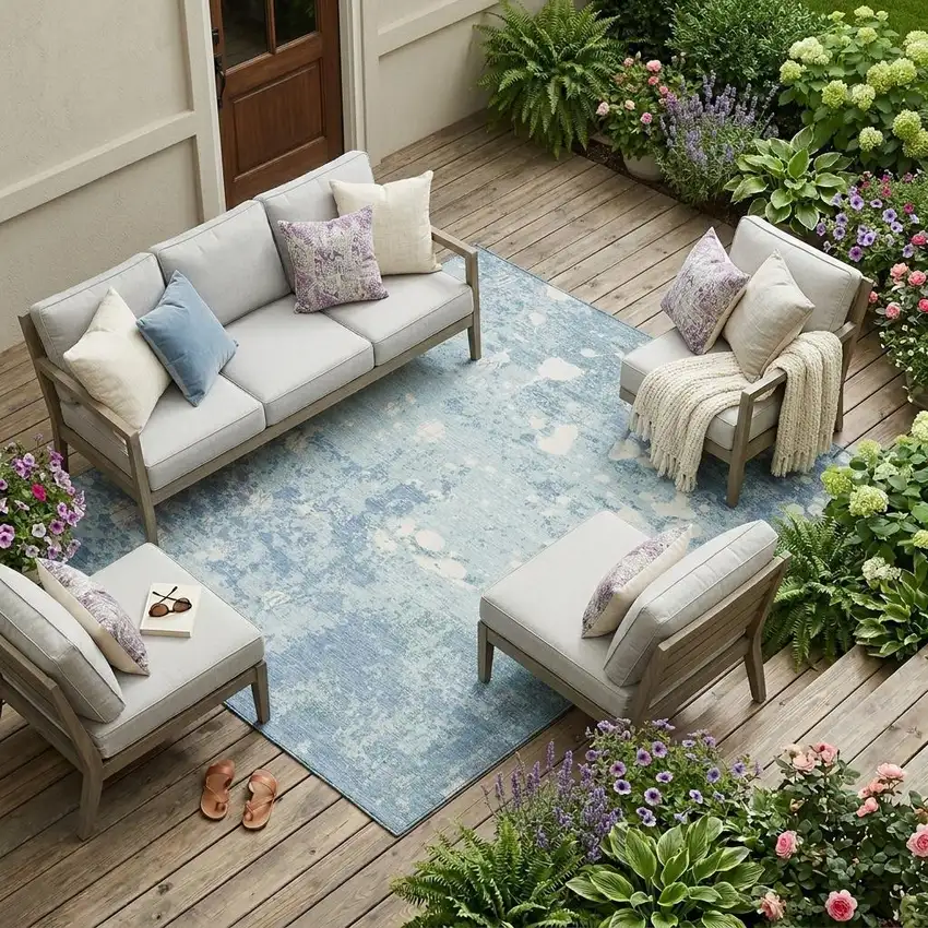 Sky Blue And Beige Abstract Washable Indoor Outdoor Area Rug Photo 1