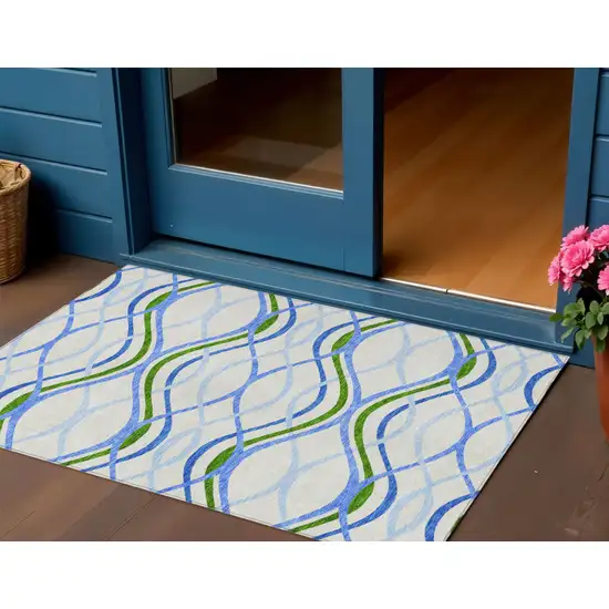 Sky Blue And Beige Abstract Washable Indoor Outdoor Area Rug Photo 1