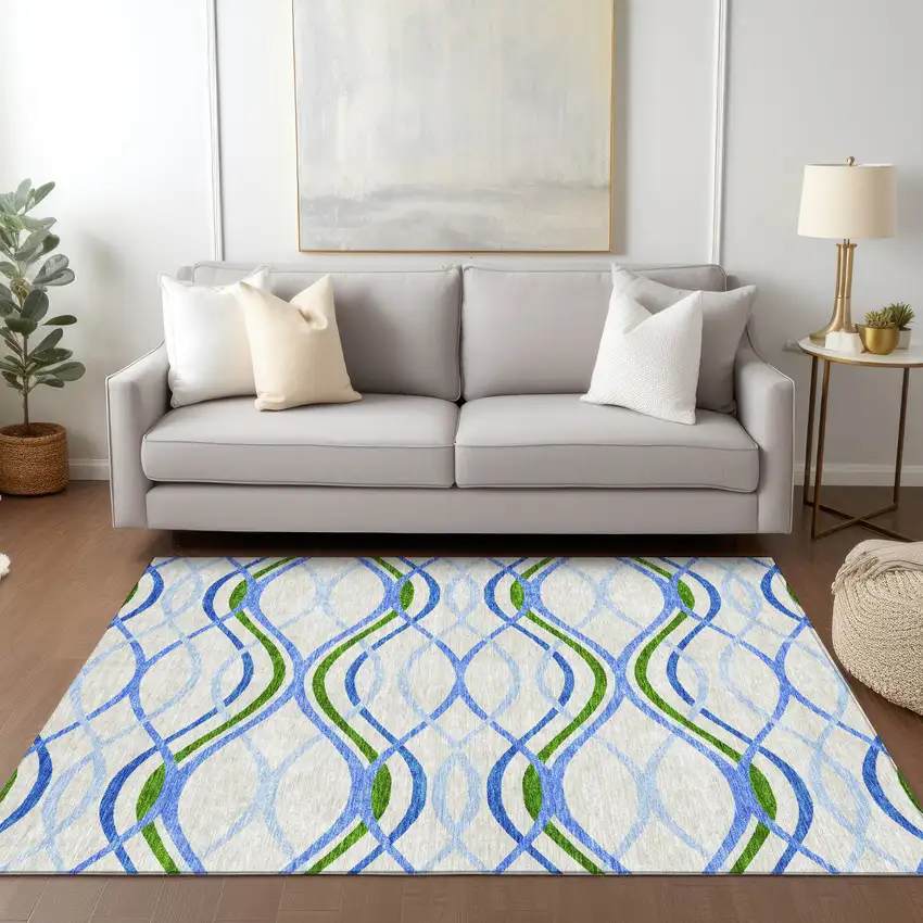 Sky Blue And Beige Abstract Washable Indoor Outdoor Area Rug Photo 8