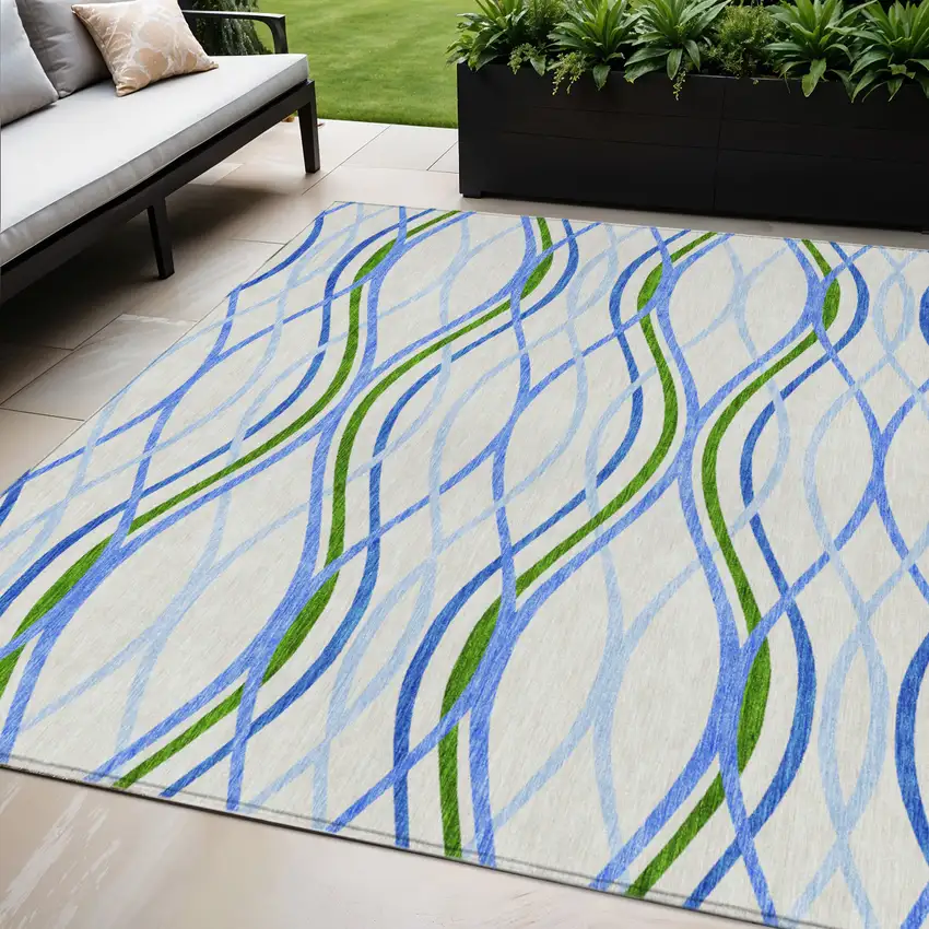 Sky Blue And Beige Abstract Washable Indoor Outdoor Area Rug Photo 1