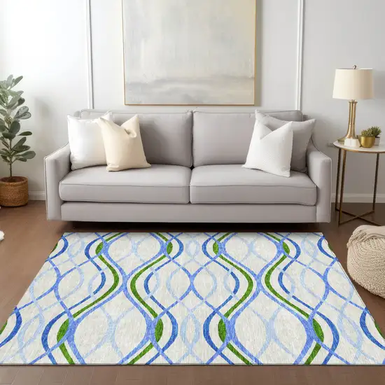 Sky Blue And Beige Abstract Washable Indoor Outdoor Area Rug Photo 8