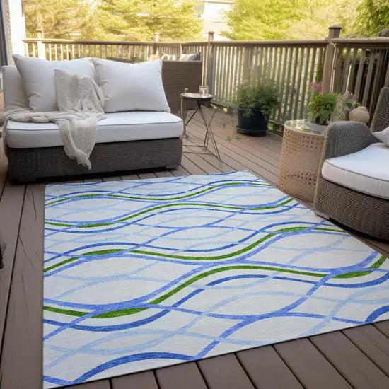 Sky Blue And Beige Abstract Washable Indoor Outdoor Area Rug Photo 9